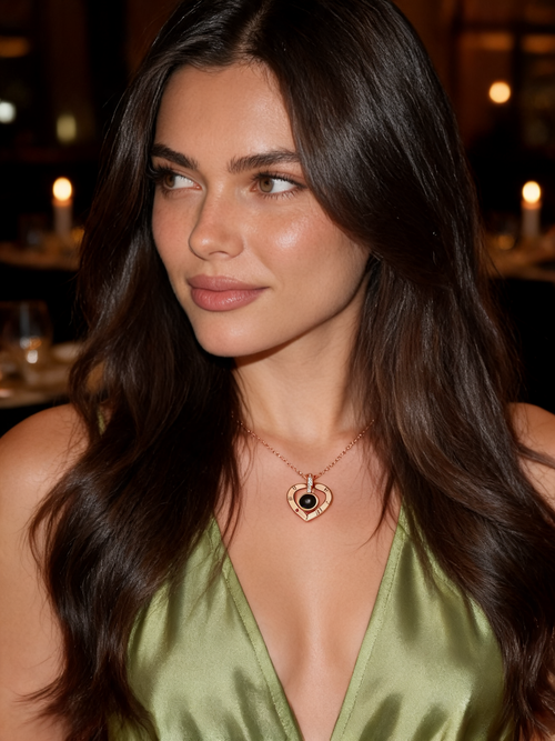 'I Love You' in 100 Languages Projection Necklace styled on a model | For Hers Truly